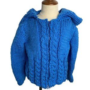 Vintage Handmade Toddler 4T Blue Cable Knit Hooded Cardigan Sweater Full Zipper